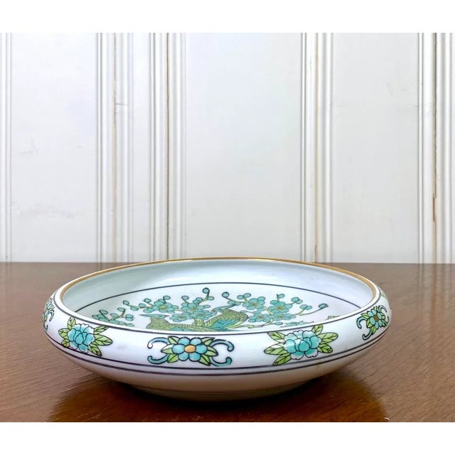 Mid 20th Century Gold Imari Decorative Bowl Hand-Painted With Peacock Pattern in Blues and Greens - Made in Japan For Sale - Image 5 of 11