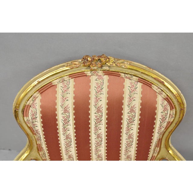 Antique French Louis XV Style Gold Giltwood Pink Stripe Fauteuil Arm Chair, Pair For Sale - Image 4 of 18
