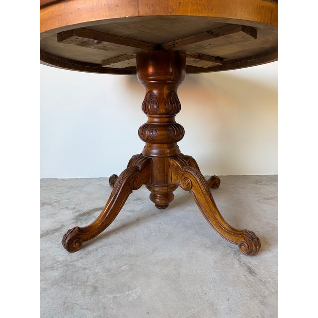 1970s Vintage English Style Round Dining Table With Patchwork Burl Walnut Veneer Top & Carved Pedestal Base For Sale - Image 5 of 12
