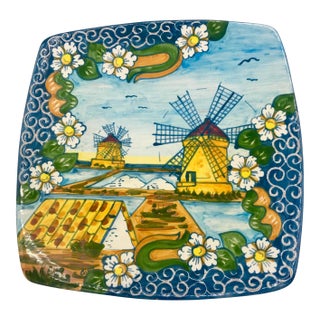 Trapani Windmills of Sicily Motif Hand Painted Terra Cotta Antipasta Wall Platter For Sale