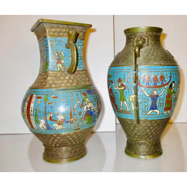 Early 20th Century Japanese Bronze and Enamel Vases With Egyptian Motif - A Pair of 2 For Sale - Image 5 of 6