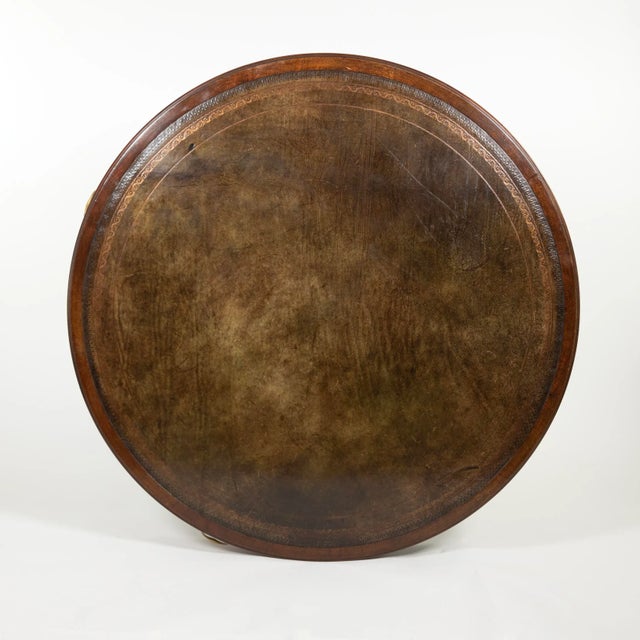 English Mahogany Drum Table With Embossed Leather Top Circa 1900 For Sale - Image 4 of 5