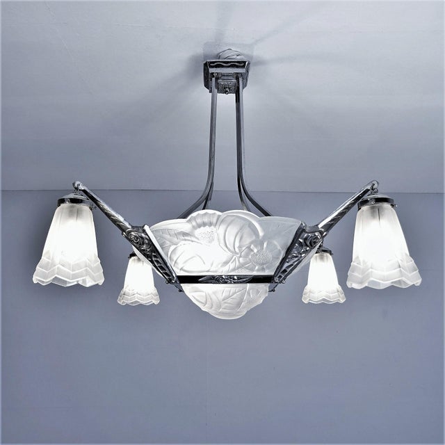 Art Deco Chandelier in Nickled Bronze by Degue, France, 1920s For Sale - Image 9 of 13