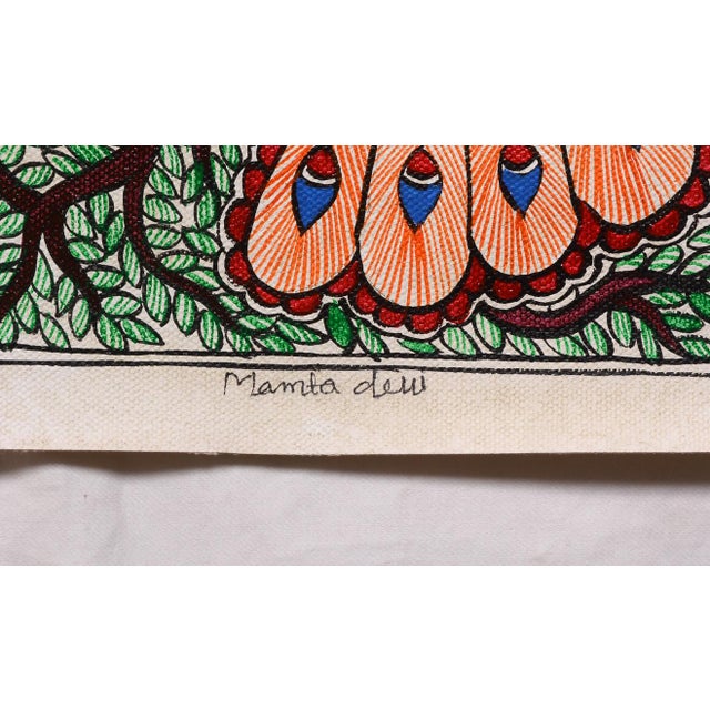 Folk Art Mamta Devi, 2016 National Award-Winning Artist – Hand-Painted Madhubani Folk Painting on Canvas, Three Colorful Peacocks & Tree Motifs For Sale - Image 3 of 4