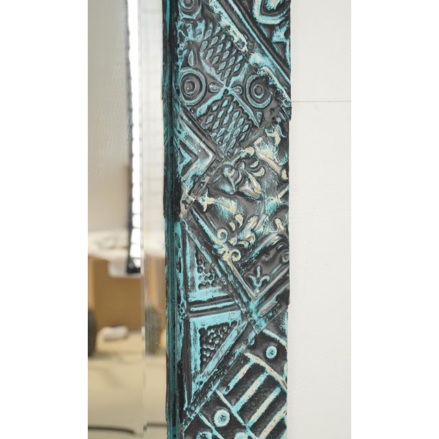 Handcrafted Teal & Black Patch Tin Ceiling Dressing Mirror For Sale - Image 4 of 6