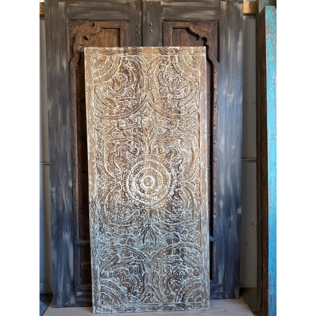 Wood Vintage Carved Wood Lotus Medallion Barn Door | Artisan Headboard Wall Panel 80x36 For Sale - Image 7 of 7