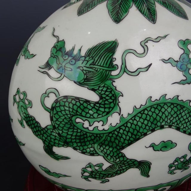 Chinese Vintage Ceramic Vase,Ming Dynasty Xuande Marked Green Color Porcelain Moonflask Vase Hand Painted Dragon Pattern For Sale In Seattle - Image 6 of 8