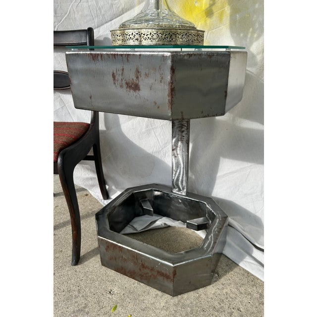 Brutalist Cantilevered Steel Octagonal Pedestal Table For Sale - Image 9 of 9
