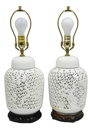 Chinoiserie White Blanc De Chine Porcelain Ginger Jar Oriental Table Lamp Pair
