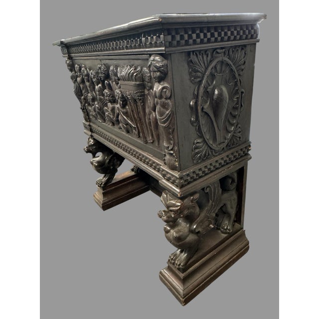 Antique Carved Oak Drop Front Desk Renaissance Revival Figural Lion Writing Desk For Sale - Image 6 of 11