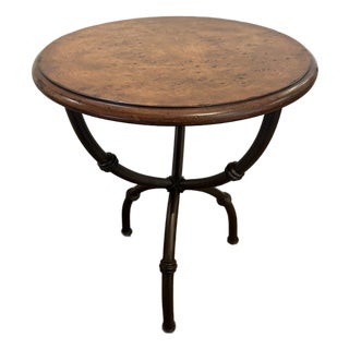 Baker Round Burl & Iron Occasional Side Table For Sale