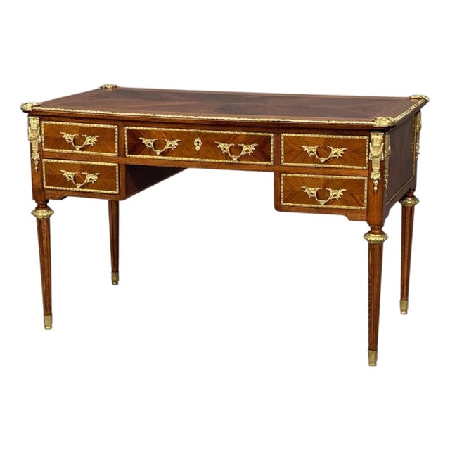 Louis XVI Style, Writing Desk, Bookmatched Walnut, Bronze, France, 1920s For Sale