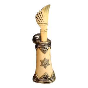 Rare 19thC Moroccan Judaica Camel Bone Inkwell Set - Star of David - Original Pen