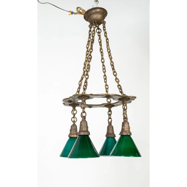 Metal Arts & Crafts Hammered Darkened Metal Chandelier With Green Glass Shades For Sale - Image 7 of 12