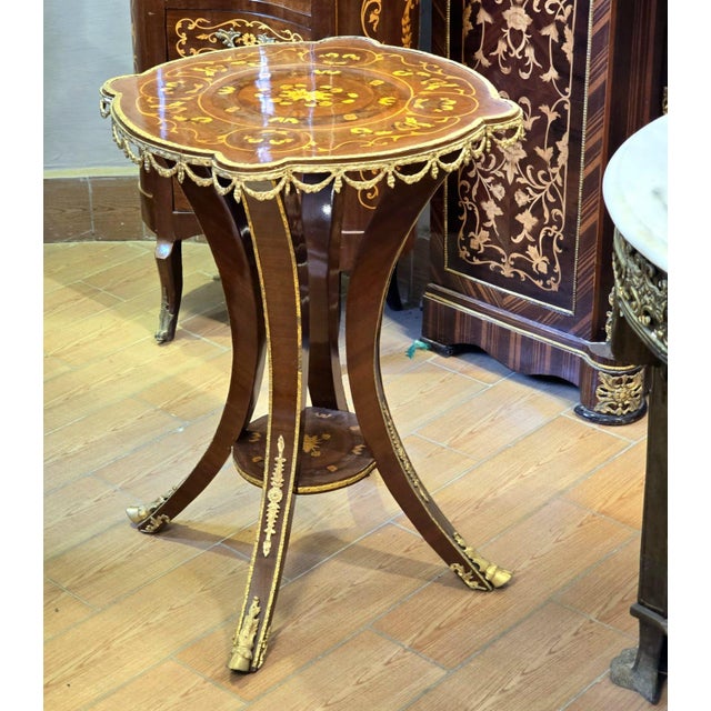 Traditional French Empire Center Table With Marquetry Inlay & Gilt Bronze Gallery For Sale - Image 3 of 3