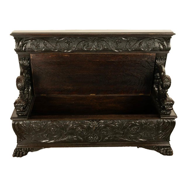 Antique Italian Renaissance Revival Carved Walnut Hall Bench Chest Dolphins 1870 For Sale In Portland, OR - Image 6 of 14
