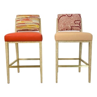 Pair of 1980s Modern American Oak Counter Stools With Leather & Fabric Upholstery For Sale