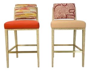 Pair of 1980s Modern American Oak Counter Stools With Leather & Fabric Upholstery