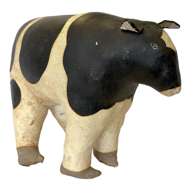 Vintage Artisan Crafted Folk Art Canvas Stuffed and Painted Cow Soft Sculpture For Sale
