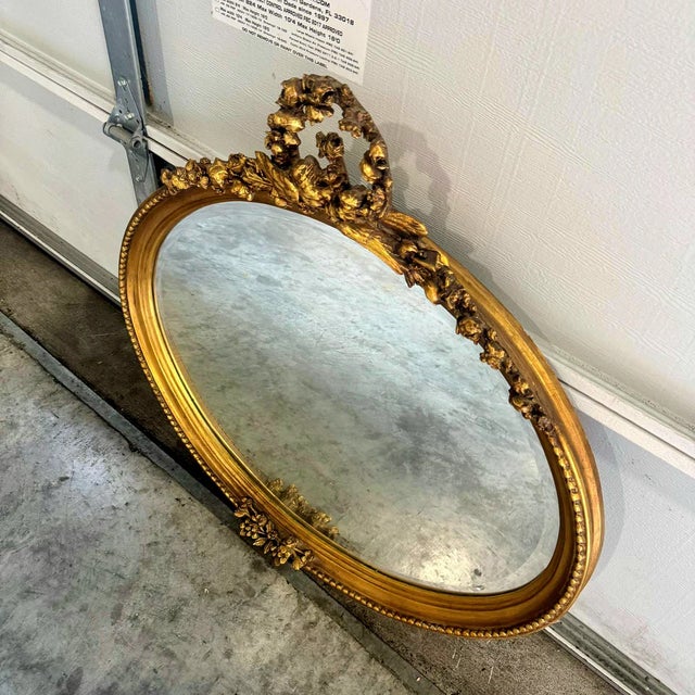 Glass Italian Oval Wall Mirror – Horizontal Gold Leaf Frame For Sale - Image 7 of 8