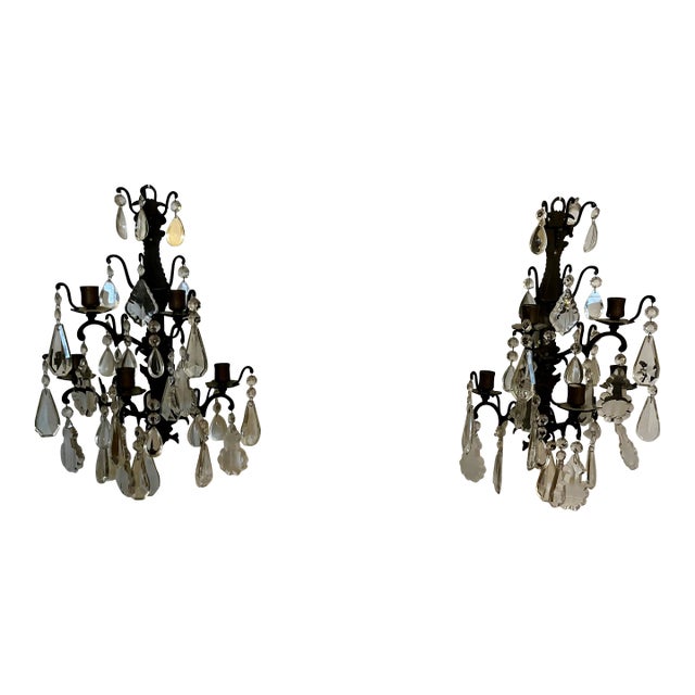 Pair 1920's Crystal Candle Sconces For Sale