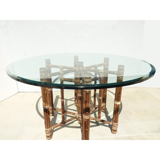 Contemporary Vintage McGuire Organic Modern Bamboo Rattan Round Dining Table W Leather Straps For Sale - Image 3 of 16