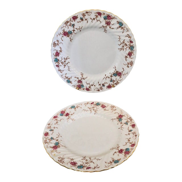 Vintage Minton Bone China Plates Platters Scalloped Edge Ancestral Floral Pattern - Pair For Sale