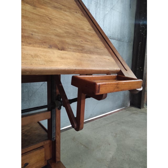 Industrial Vintage Adjustable Architect's Drafting Table in Wood For Sale - Image 3 of 11