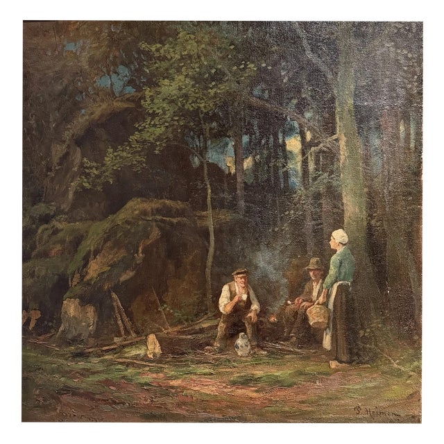 Paul Heimen, Rest in the Woods, Forest Landscape, Farmers, Campfire, Oil Painting on Canvas For Sale