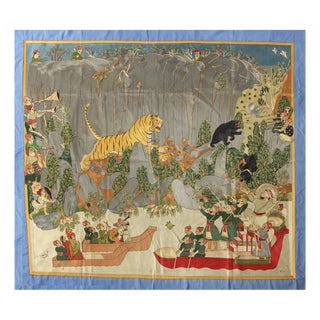 Vintage Hand Embroidered Mughal Tiger Hunt Tapestry, 1980s For Sale