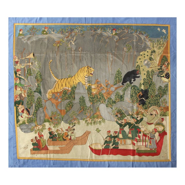 Vintage Hand Embroidered Mughal Tiger Hunt Tapestry, 1980s For Sale
