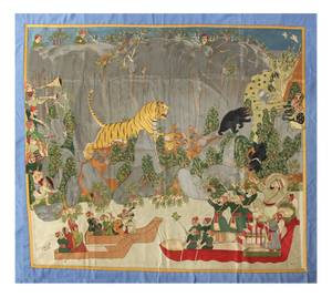 Vintage Hand Embroidered Mughal Tiger Hunt Tapestry, 1980s