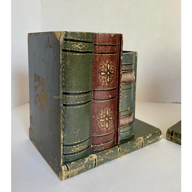 Figurative A Pair of Faux Figurative Stack of Books Wood Bookends For Sale - Image 3 of 12