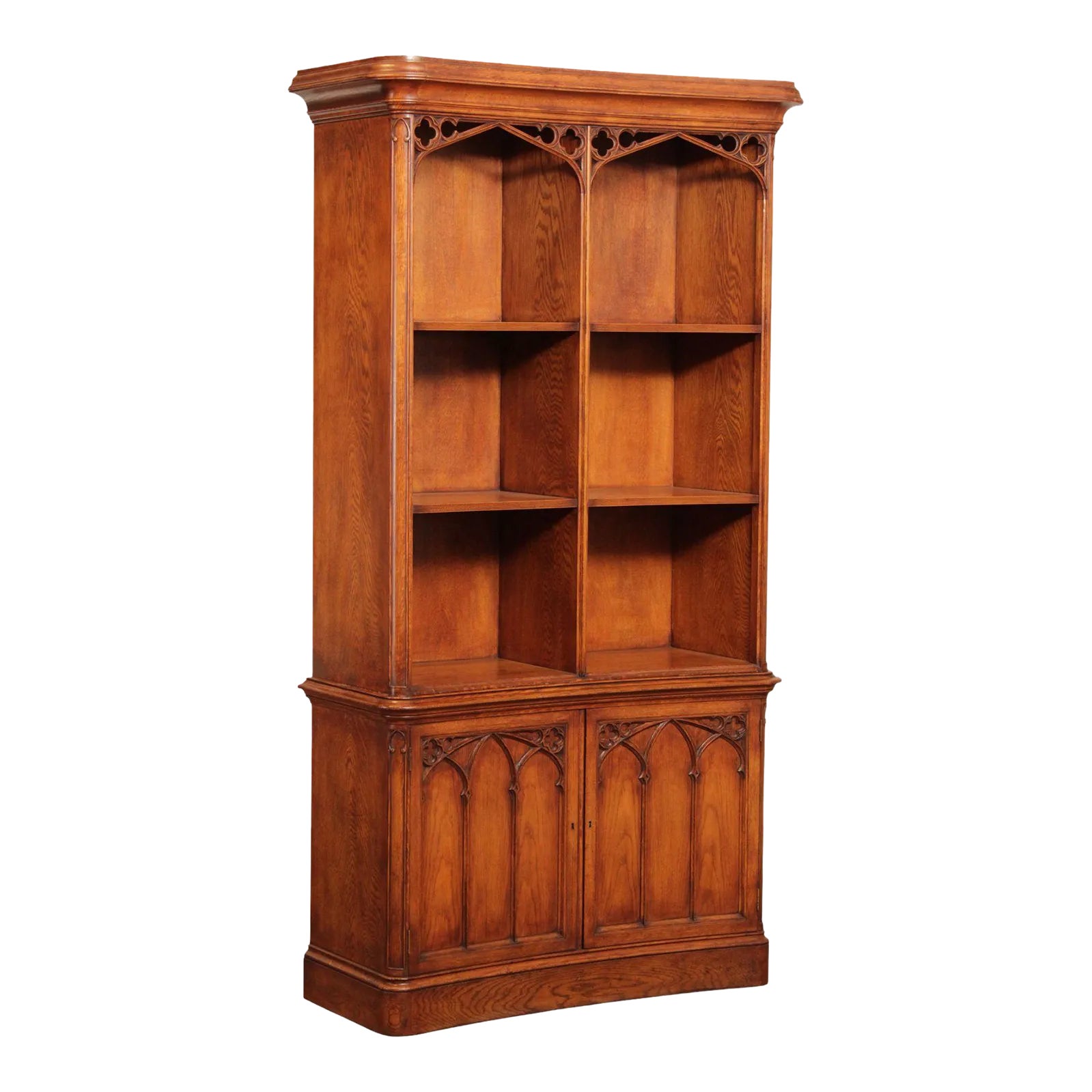Late 20th Century Arthur Brett Gothic Revival Style Oak Bookcase | Chairish