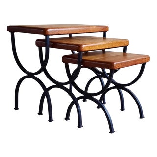 Oak and Metal Nesting Tables, 1950s, Set of 3 For Sale