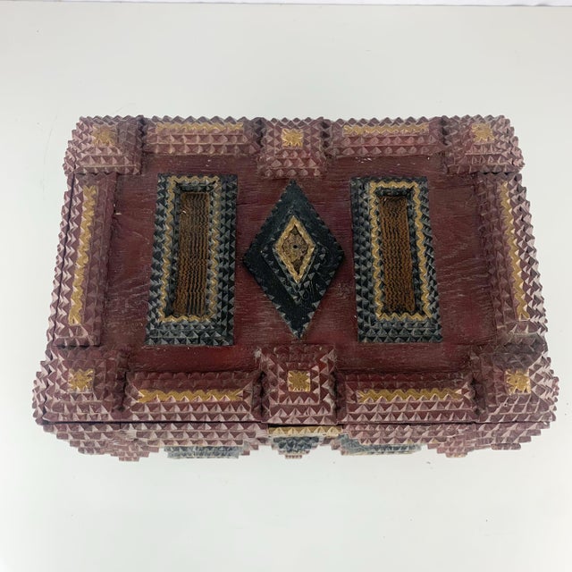Incredible antique tramp art box. Have never seen one like it. Love the black and gold accents on the top. Removable...