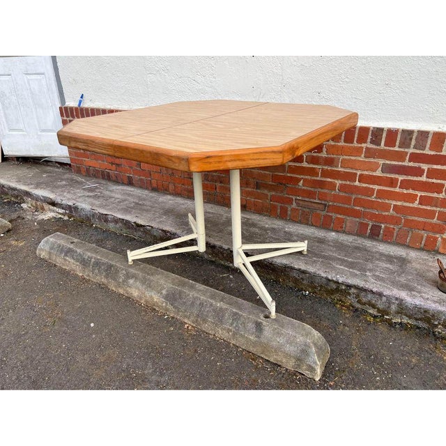 Brown Late 20th Century Vintage Octagonal Formica Metal Base Kitchen Dining Table With Leaf For Sale - Image 8 of 11