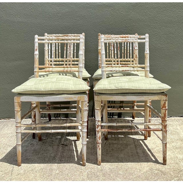 Vintage Distressed Wood Faux Bamboo Spindle Back Chairs - Set of 4 For Sale In West Palm - Image 6 of 18
