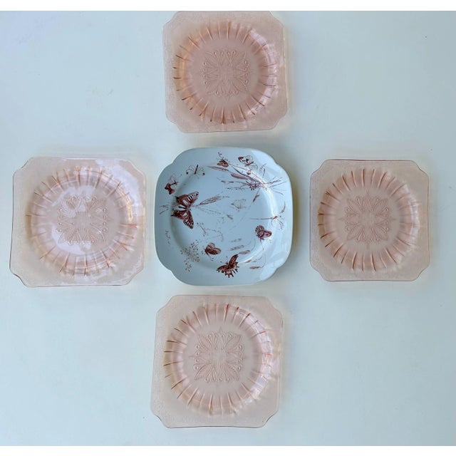 Early 20th Century Vintage Boho Chic Pink Floral Depression Glass Dessert Plates -Set of 5 For Sale - Image 5 of 6