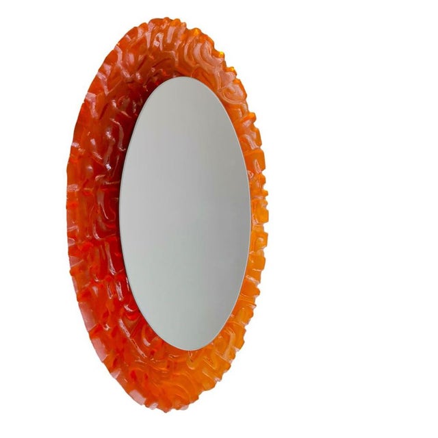 Plastic Large Mid-Century German Modern Oval Orange Acrylic Backlit Wall Mirror Light attributed to Hillebrand, 1970s For Sale - Image 7 of 13