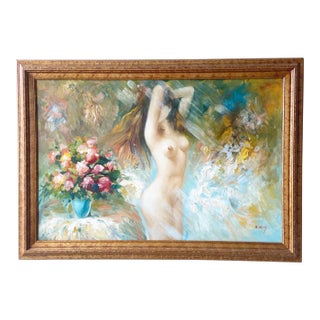 Woman With Flowers, Framed and Signed Oil Painting by B. Danny For Sale