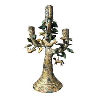 Rare Antique Mexican Hand Crafted Earthenware Arbol De La Vida Tree of Life Candle Holder For Sale