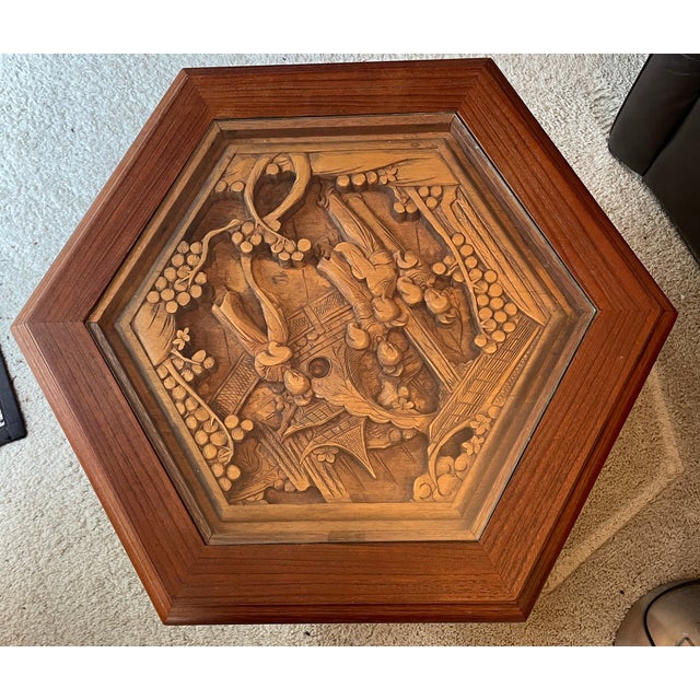 1970s Chinese Carved Hexagonal End Table Cabinet With Glass Top For Sale - Image 5 of 9