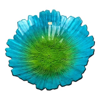 Vintage 14" Blue & Green Spain Art Glass Centerpiece Bowl For Sale
