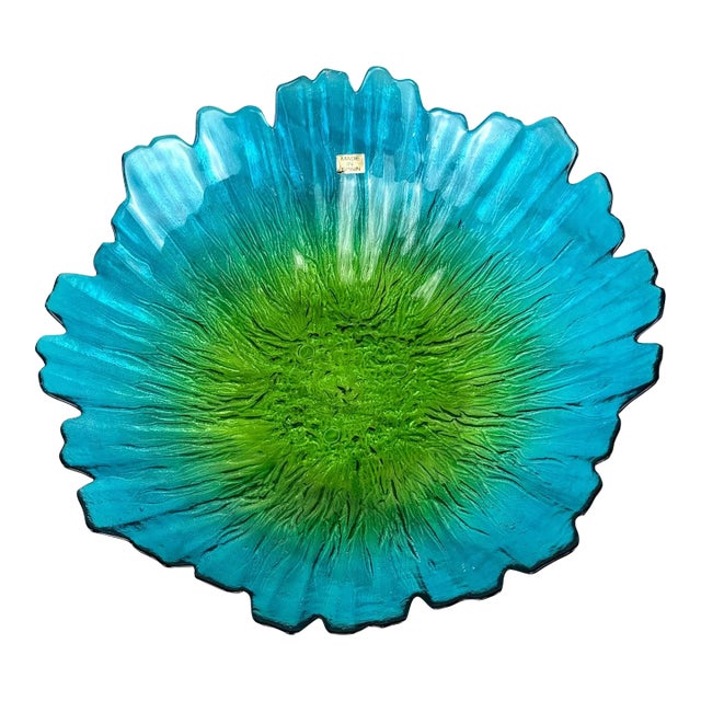 Vintage 14" Blue & Green Spain Art Glass Centerpiece Bowl For Sale
