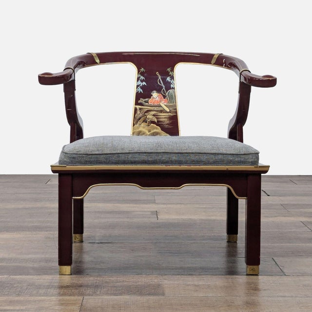 Vintage Asian Chinoiserie Ming style horseshoe armchair with solid wood frame with black lacquer, gold painted accents,...