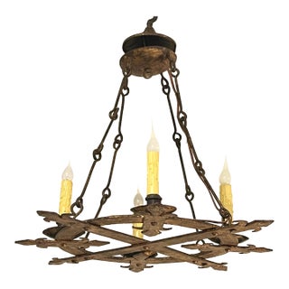 Spanish Revival Hand Forged Gilt Iron 4 Lite Chandelier- Circa 1930 For Sale