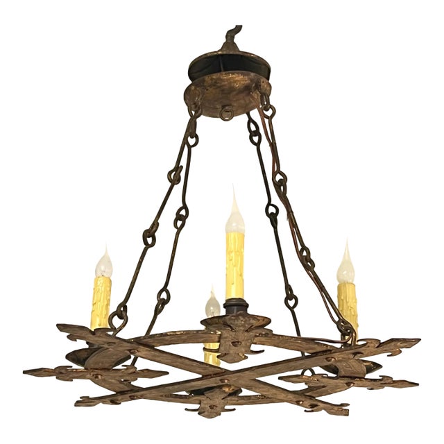 Spanish Revival Hand Forged Gilt Iron 4 Lite Chandelier- Circa 1930 For Sale