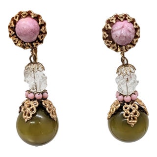 Vintage Hobe Pink & Clear Beads With Green Moonglow Drop Clip Earrings-2 Pieces For Sale