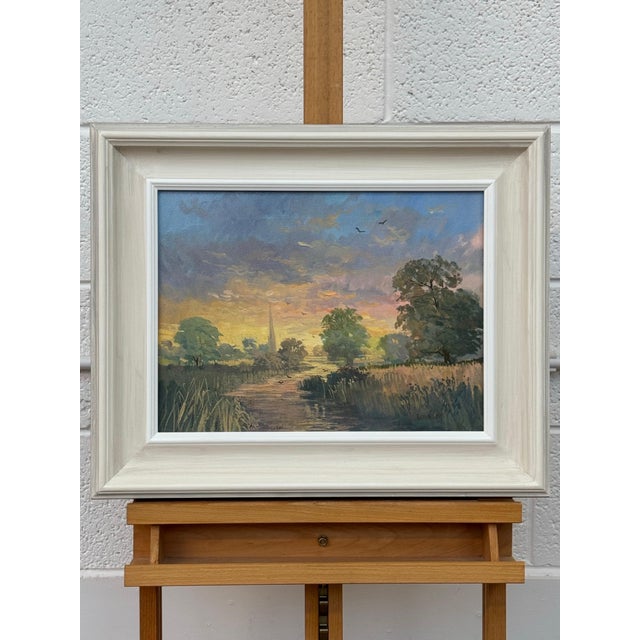 Textile Sunrise at Village by River in the English Countryside with Church Spire & Birds 1985 Circa For Sale - Image 7 of 13